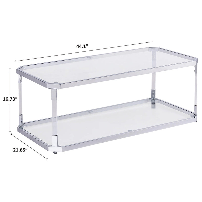 Table basse rectangulaire en verre à 2 niveaux argentée avec cadre chromé, montage par 1 personne