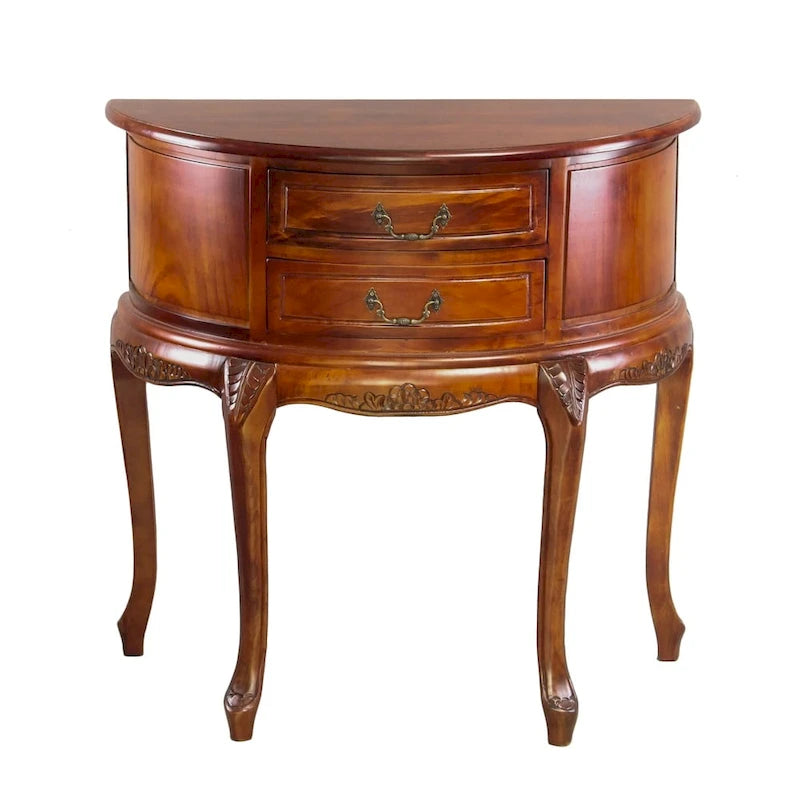 Console demi-lune en noyer sculptée à la main avec 2 tiroirs et pieds Queen Anne, assemblage par 1 personne