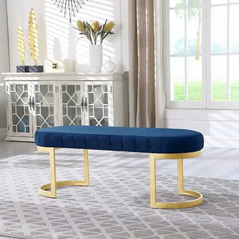 Banc 2 places en velours bleu avec pieds en métal