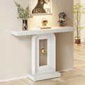 Console étroite en Faux Marbre Blanc / Noyer avec Base Géométrique Dorée, Assemblage par 1 personne