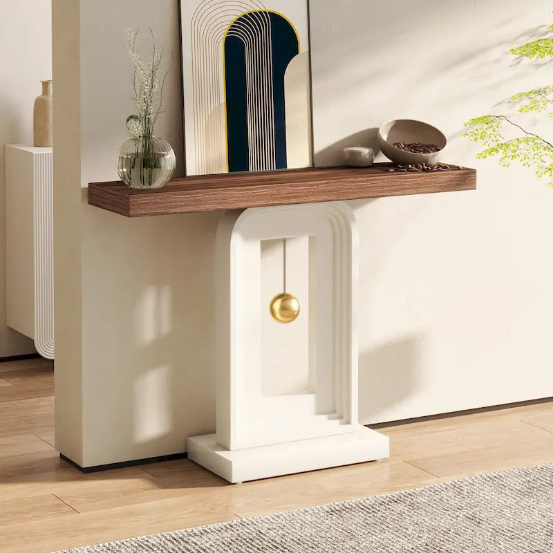 Console étroite en Faux Marbre Blanc / Noyer avec Base Géométrique Dorée, Assemblage par 1 personne