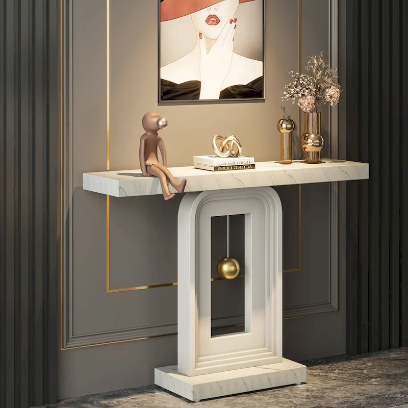 Console étroite en Faux Marbre Blanc / Noyer avec Base Géométrique Dorée, Assemblage par 1 personne