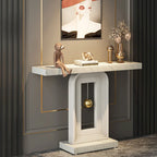 Console étroite en Faux Marbre Blanc / Noyer avec Base Géométrique Dorée, Assemblage par 1 personne