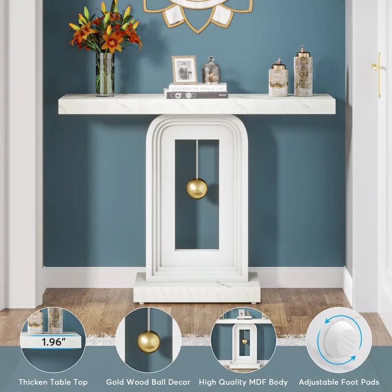 Console étroite en Faux Marbre Blanc / Noyer avec Base Géométrique Dorée, Assemblage par 1 personne