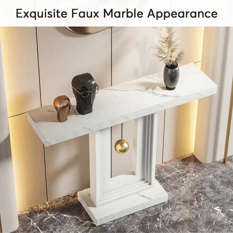 Console étroite en Faux Marbre Blanc / Noyer avec Base Géométrique Dorée, Assemblage par 1 personne