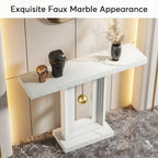 Console étroite en Faux Marbre Blanc / Noyer avec Base Géométrique Dorée, Assemblage par 1 personne
