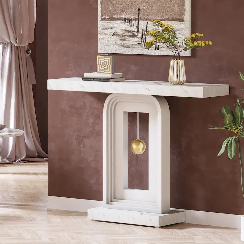 Console étroite en Faux Marbre Blanc / Noyer avec Base Géométrique Dorée, Assemblage par 1 personne