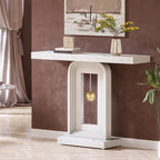 Console étroite en Faux Marbre Blanc / Noyer avec Base Géométrique Dorée, Assemblage par 1 personne