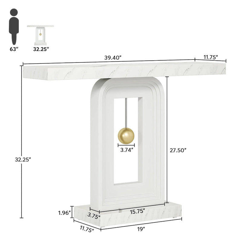 Console étroite en Faux Marbre Blanc / Noyer avec Base Géométrique Dorée, Assemblage par 1 personne