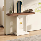 Console étroite en Faux Marbre Blanc / Noyer avec Base Géométrique Dorée, Assemblage par 1 personne