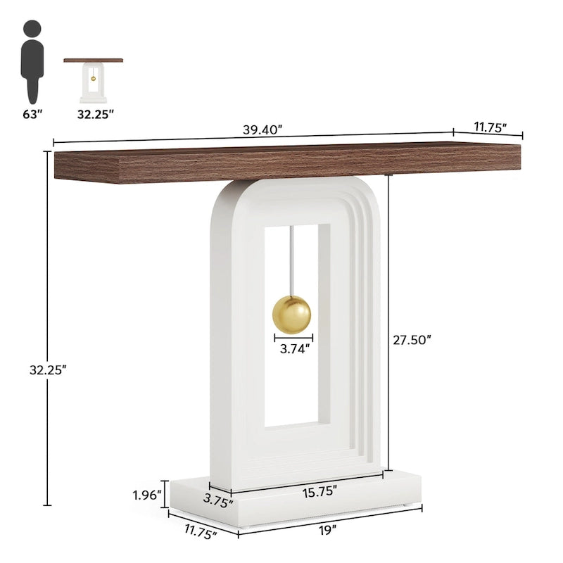 Console étroite en Faux Marbre Blanc / Noyer avec Base Géométrique Dorée, Assemblage par 1 personne