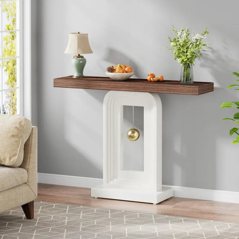 Console étroite en Faux Marbre Blanc / Noyer avec Base Géométrique Dorée, Assemblage par 1 personne
