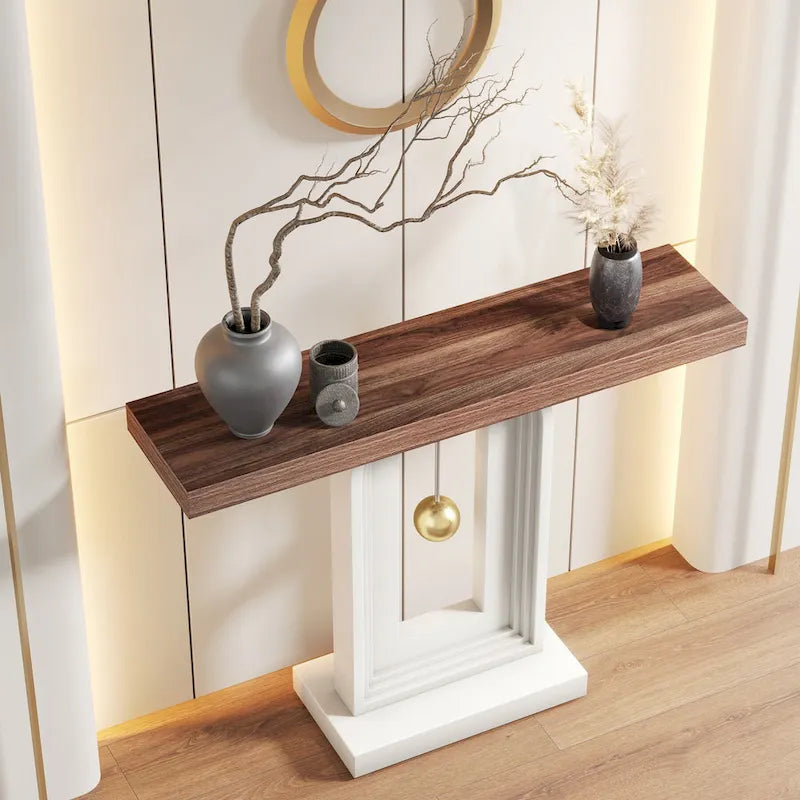 Console étroite en Faux Marbre Blanc / Noyer avec Base Géométrique Dorée, Assemblage par 1 personne