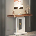 Console étroite en Faux Marbre Blanc / Noyer avec Base Géométrique Dorée, Assemblage par 1 personne
