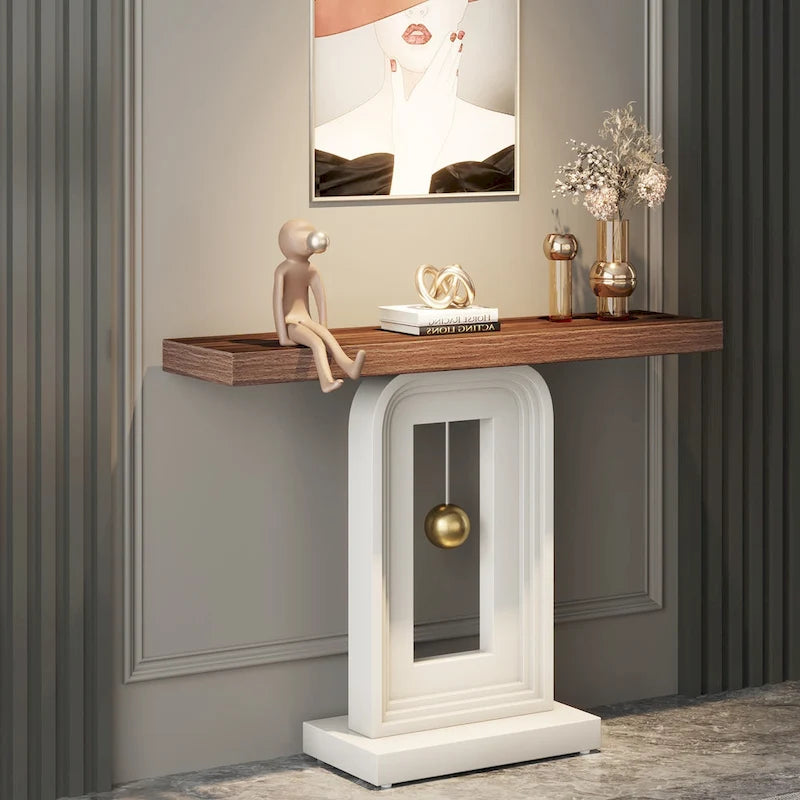 Console étroite en Faux Marbre Blanc / Noyer avec Base Géométrique Dorée, Assemblage par 1 personne