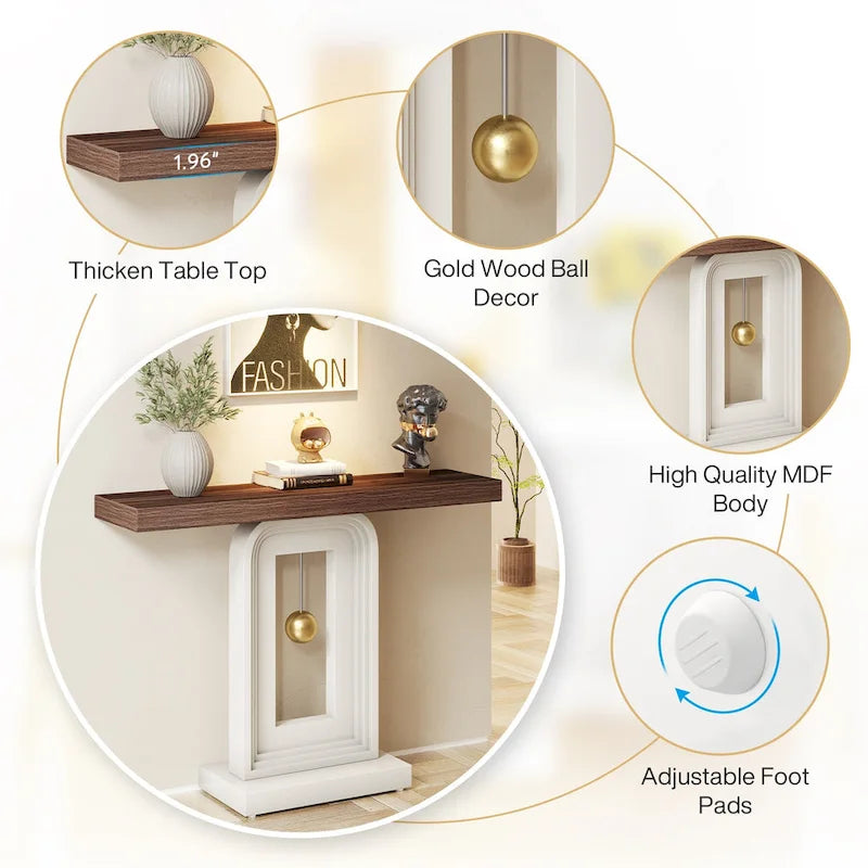 Console étroite en Faux Marbre Blanc / Noyer avec Base Géométrique Dorée, Assemblage par 1 personne