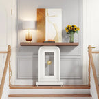 Console étroite en Faux Marbre Blanc / Noyer avec Base Géométrique Dorée, Assemblage par 1 personne