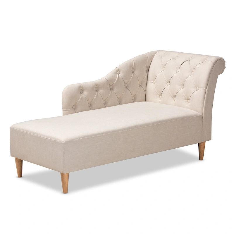Chauffeuse capitonnée en tissu beige/gris avec dossier volute et pieds finition chêne, 1 place