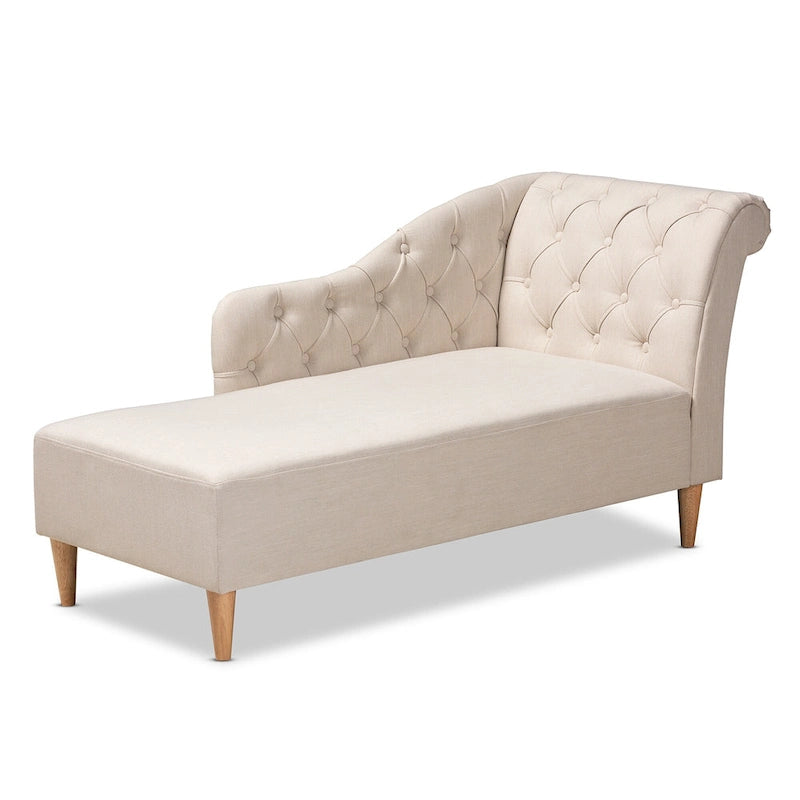 Chauffeuse capitonnée en tissu beige/gris avec dossier volute et pieds finition chêne, 1 place