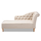 Chauffeuse capitonnée en tissu beige/gris avec dossier volute et pieds finition chêne, 1 place
