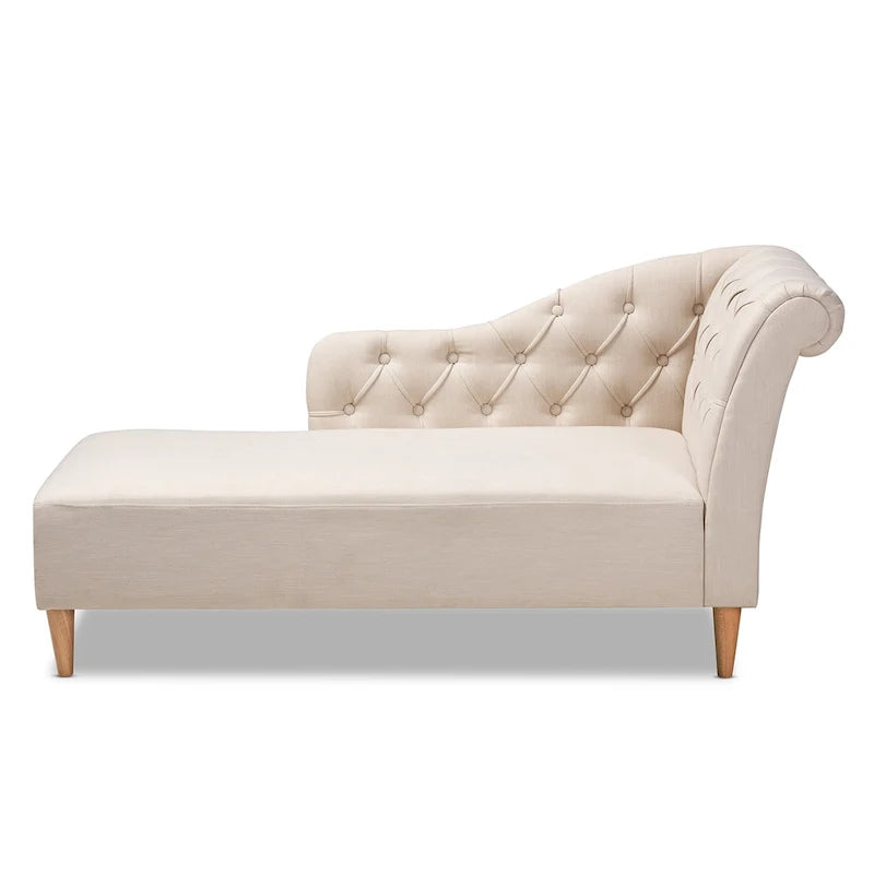 Chauffeuse capitonnée en tissu beige/gris avec dossier volute et pieds finition chêne, 1 place