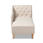 Chauffeuse capitonnée en tissu beige/gris avec dossier volute et pieds finition chêne, 1 place