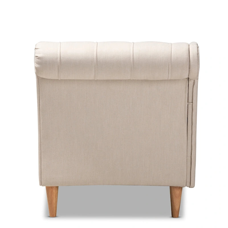 Chauffeuse capitonnée en tissu beige/gris avec dossier volute et pieds finition chêne, 1 place