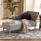 Chauffeuse capitonnée en tissu beige/gris avec dossier volute et pieds finition chêne, 1 place