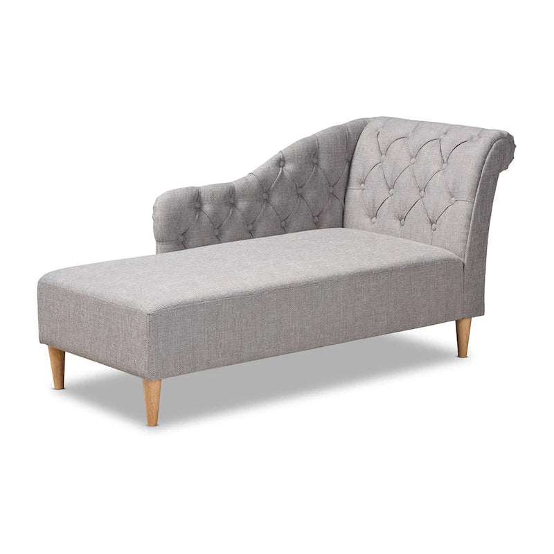 Chauffeuse capitonnée en tissu beige/gris avec dossier volute et pieds finition chêne, 1 place
