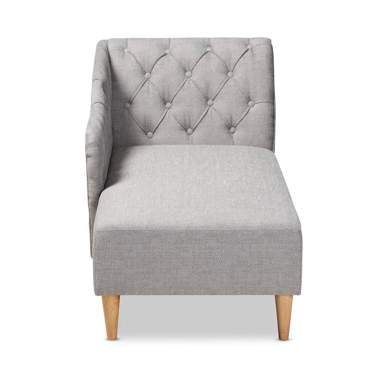Chauffeuse capitonnée en tissu beige/gris avec dossier volute et pieds finition chêne, 1 place