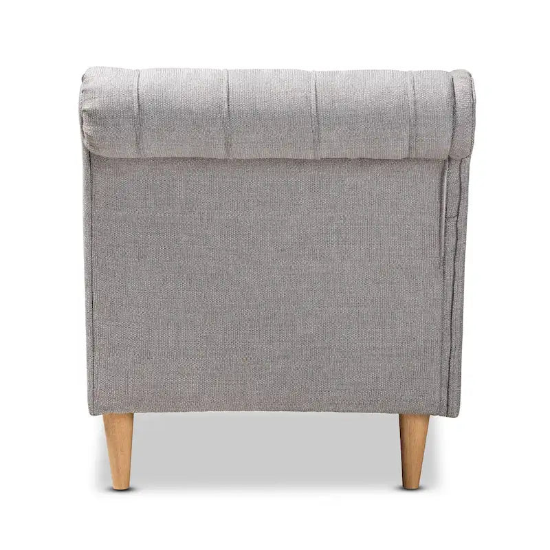 Chauffeuse capitonnée en tissu beige/gris avec dossier volute et pieds finition chêne, 1 place