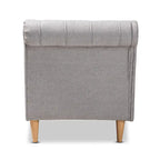 Chauffeuse capitonnée en tissu beige/gris avec dossier volute et pieds finition chêne, 1 place