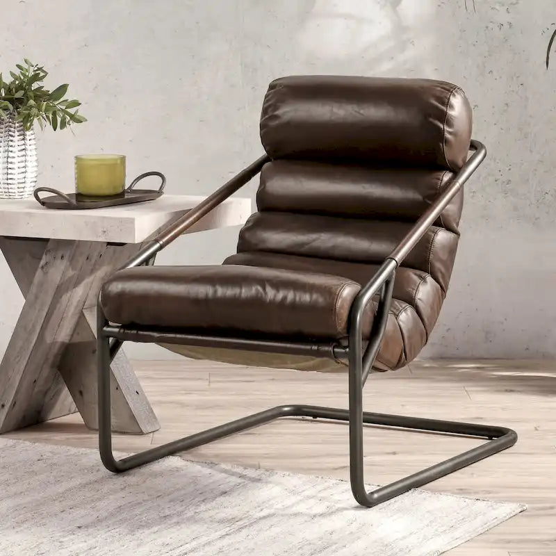 Fauteuil d'appoint en cuir de buffle pleine fleur marron/bleu avec dossier capitonné et cadre en fer noir, 1 place