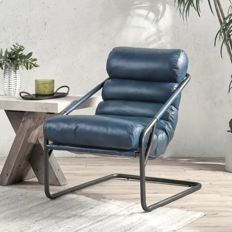 Fauteuil d'appoint en cuir de buffle pleine fleur marron/bleu avec dossier capitonné et cadre en fer noir, 1 place
