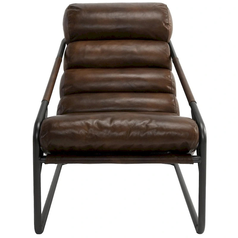 Fauteuil d'appoint en cuir de buffle pleine fleur marron/bleu avec dossier capitonné et cadre en fer noir, 1 place