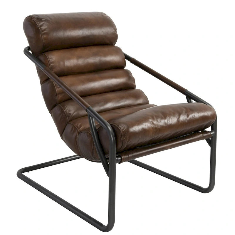 Fauteuil d'appoint en cuir de buffle pleine fleur marron/bleu avec dossier capitonné et cadre en fer noir, 1 place