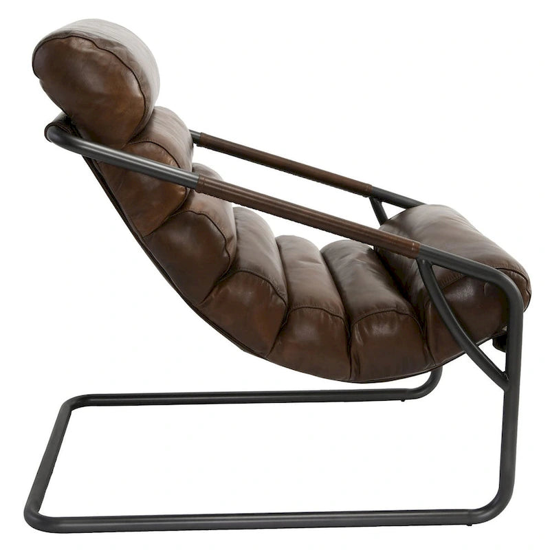 Fauteuil d'appoint en cuir de buffle pleine fleur marron/bleu avec dossier capitonné et cadre en fer noir, 1 place