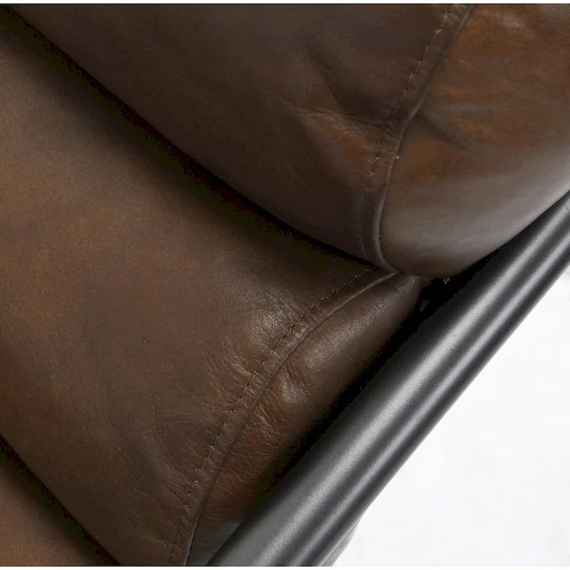 Fauteuil d'appoint en cuir de buffle pleine fleur marron/bleu avec dossier capitonné et cadre en fer noir, 1 place
