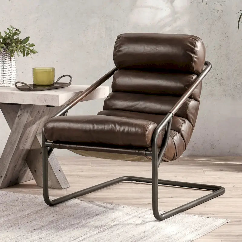 Fauteuil d'appoint en cuir de buffle pleine fleur marron/bleu avec dossier capitonné et cadre en fer noir, 1 place