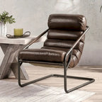 Fauteuil d'appoint en cuir de buffle pleine fleur marron/bleu avec dossier capitonné et cadre en fer noir, 1 place