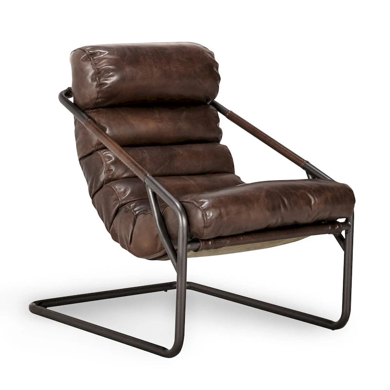Fauteuil d'appoint en cuir de buffle pleine fleur marron/bleu avec dossier capitonné et cadre en fer noir, 1 place