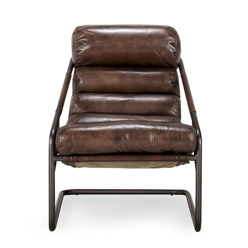 Fauteuil d'appoint en cuir de buffle pleine fleur marron/bleu avec dossier capitonné et cadre en fer noir, 1 place