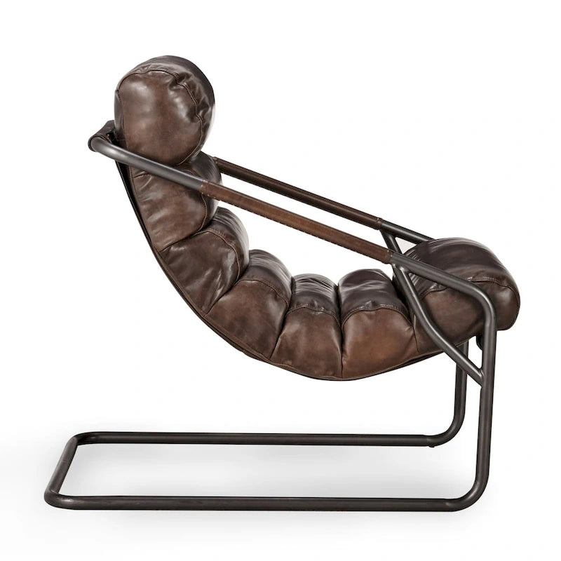 Fauteuil d'appoint en cuir de buffle pleine fleur marron/bleu avec dossier capitonné et cadre en fer noir, 1 place