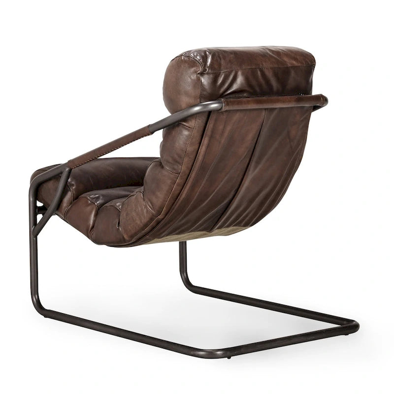 Fauteuil d'appoint en cuir de buffle pleine fleur marron/bleu avec dossier capitonné et cadre en fer noir, 1 place