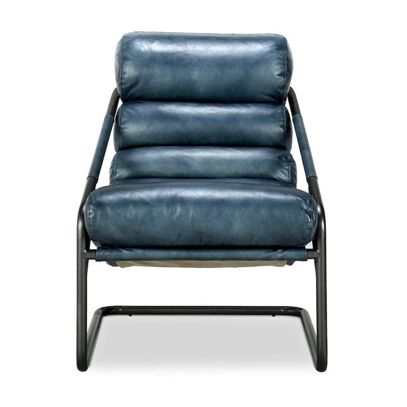 Fauteuil d'appoint en cuir de buffle pleine fleur marron/bleu avec dossier capitonné et cadre en fer noir, 1 place