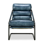 Fauteuil d'appoint en cuir de buffle pleine fleur marron/bleu avec dossier capitonné et cadre en fer noir, 1 place