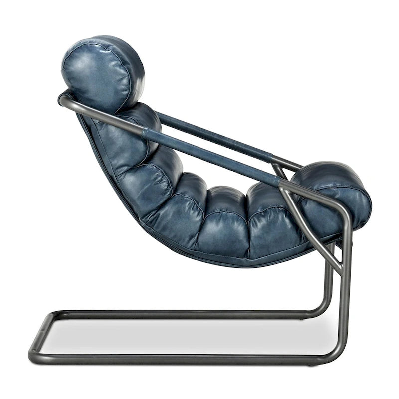 Fauteuil d'appoint en cuir de buffle pleine fleur marron/bleu avec dossier capitonné et cadre en fer noir, 1 place
