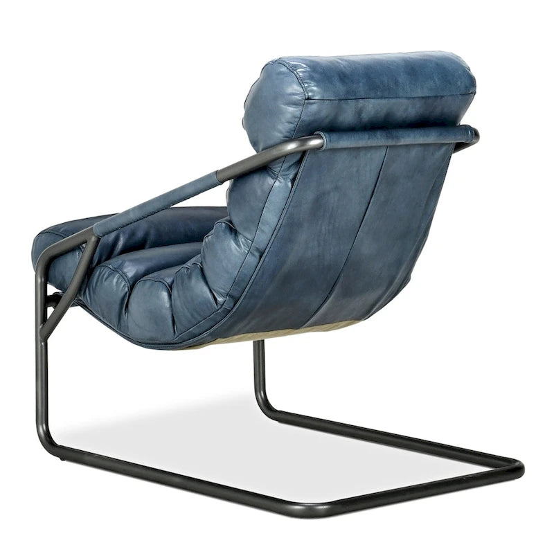 Fauteuil d'appoint en cuir de buffle pleine fleur marron/bleu avec dossier capitonné et cadre en fer noir, 1 place