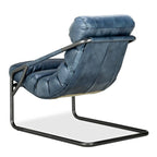 Fauteuil d'appoint en cuir de buffle pleine fleur marron/bleu avec dossier capitonné et cadre en fer noir, 1 place