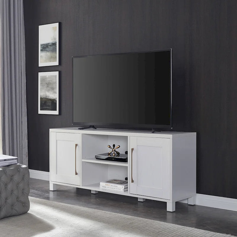 Meuble TV multicolore de 58 po avec 2 armoires fermées et 6 tablettes, assemblage par 1 personne